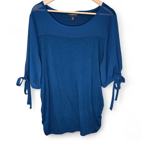 Lane Bryant Tops - Lane Bryant Top Womens Plus 18/20 Blue Mixed Media Tie Puff Sleeve Blouse Casual